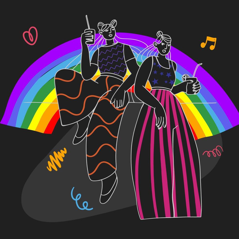 Girlfriends, a couple of girls on the background of a rainbow with drinks in their hands, a party, cartoon doodles vector