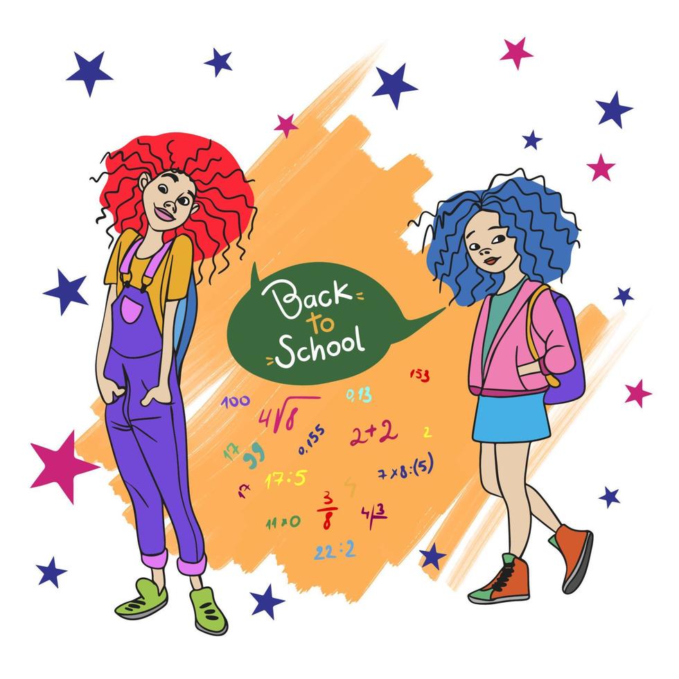 Back to school, children, girls rejoice that school is coming soon, watercolor background, doodle vector