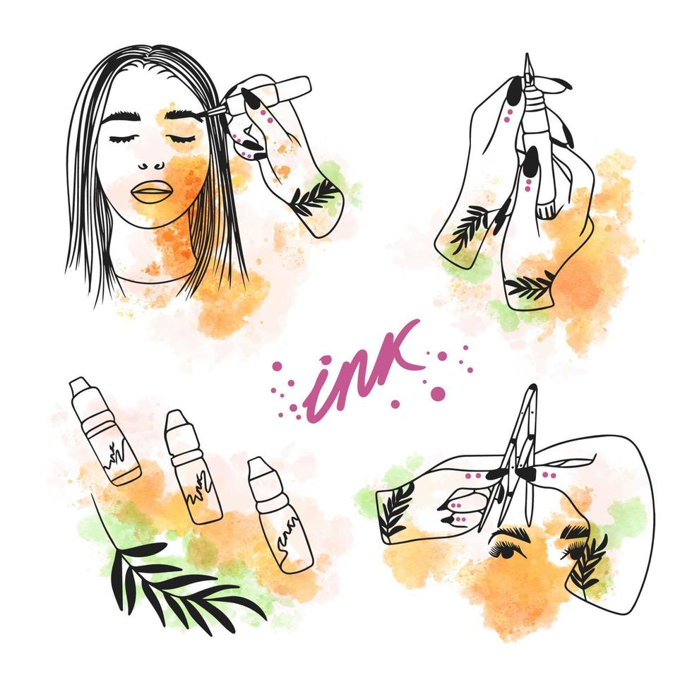 Eyebrow correction, microblading, permanent makeup, tattoo machine, ink, doodle, watercolor vector