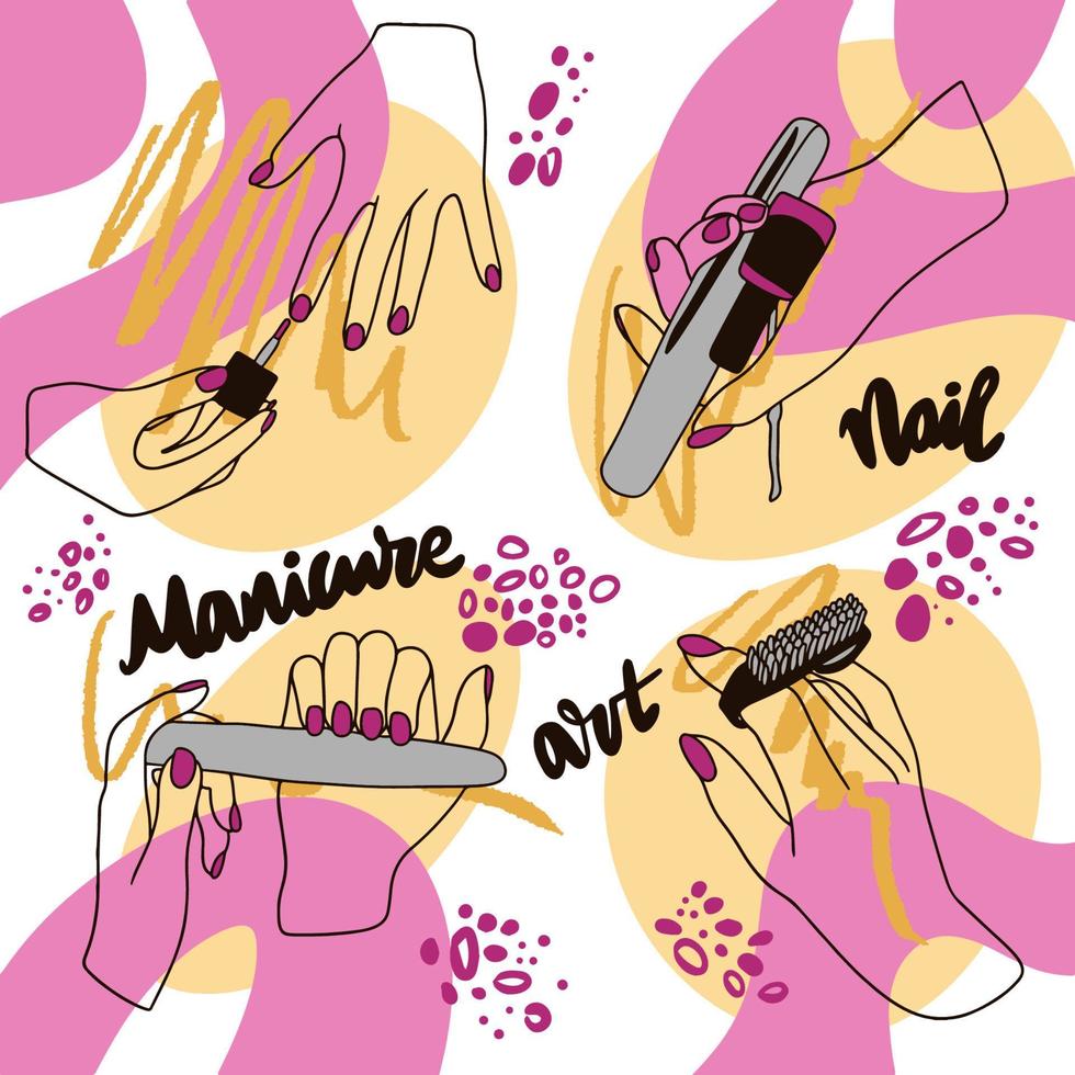 Manicure set, tools and manicure work process, painting fingernails, doodle vector