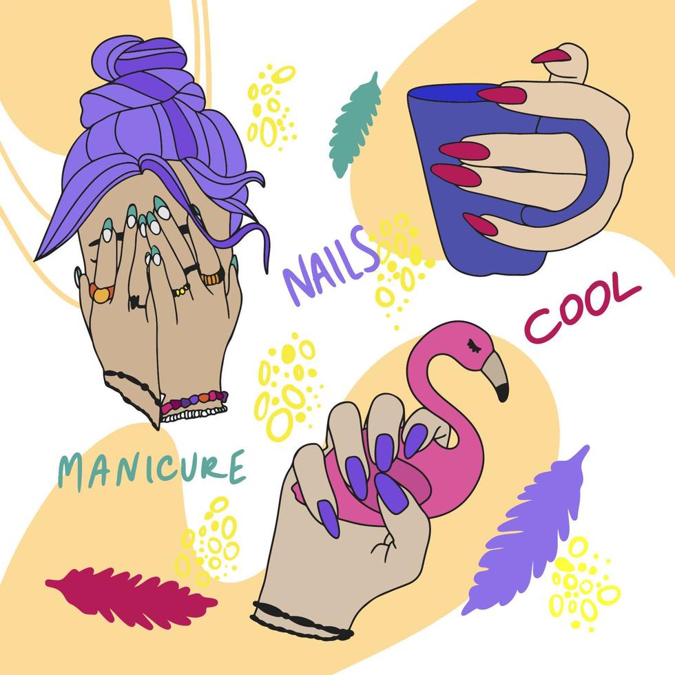 uñas de moda, manicura, diseño de uñas, garabatos vector