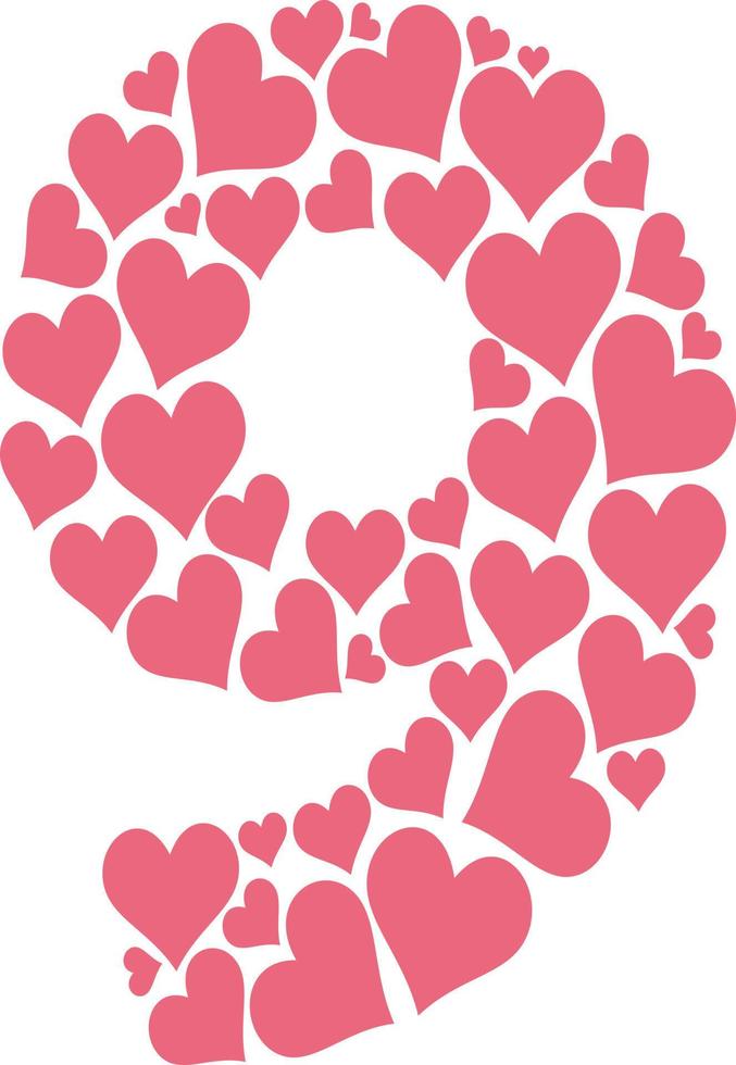 Number nine composed of hearts. vector