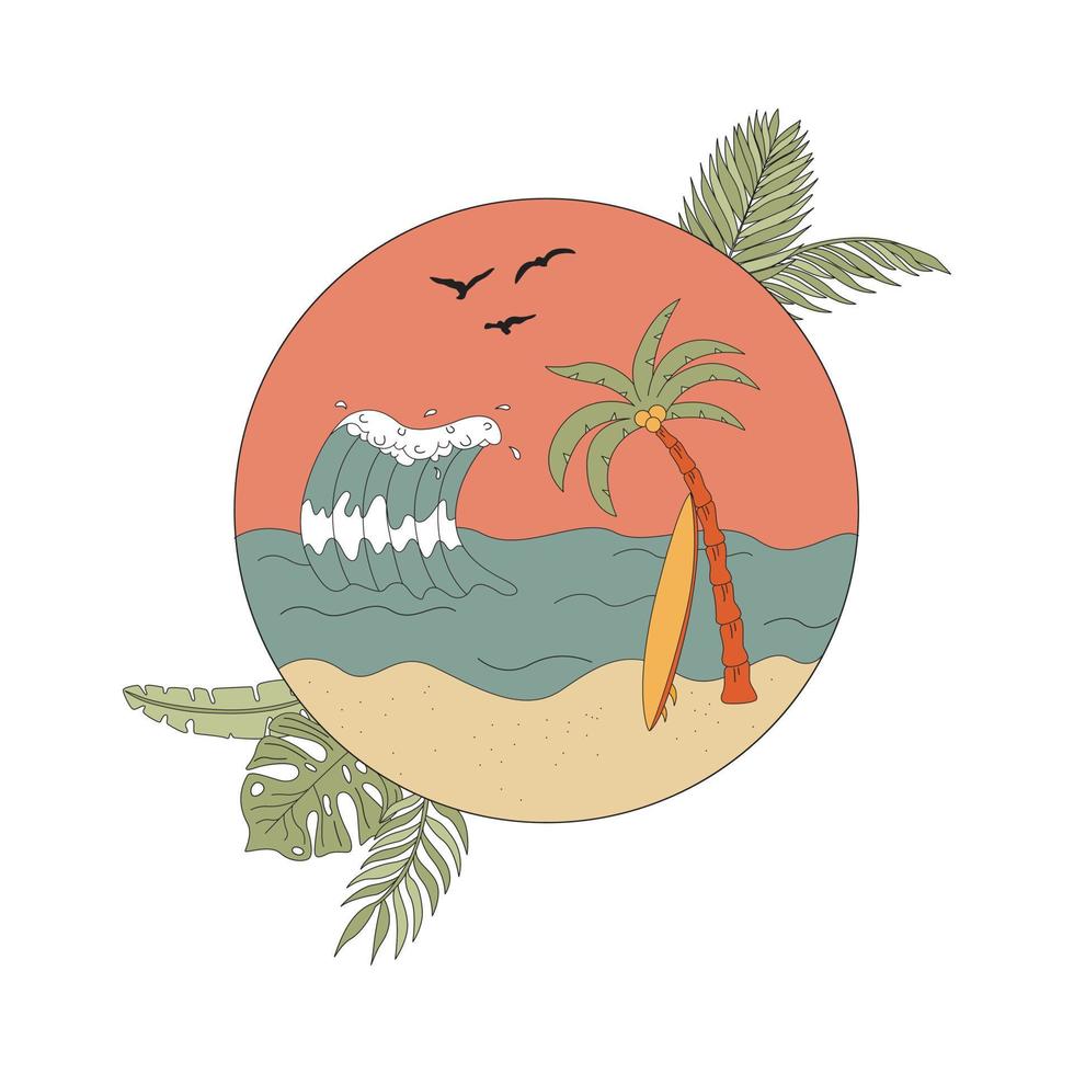 Badge With Sea, Palm Tree And Surfboard In A Circle. Flat Vector Illustration. The Concept Of Surfing.