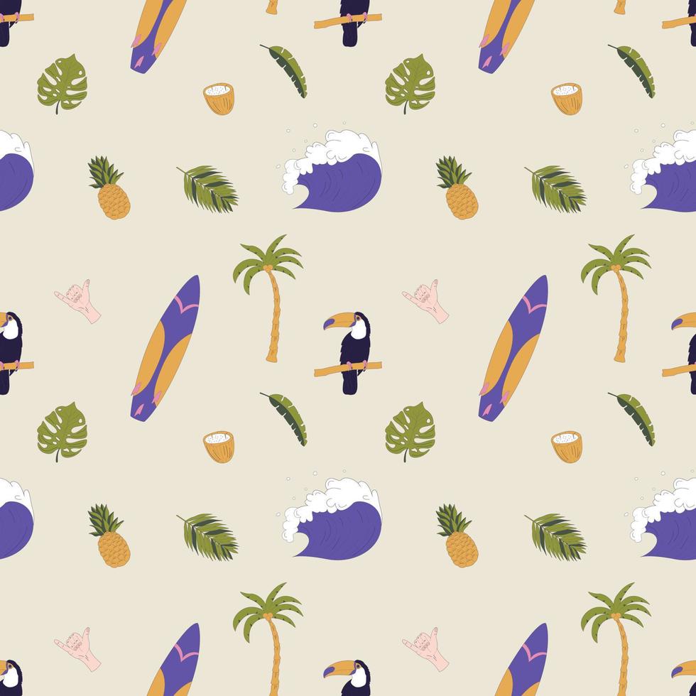 Seamless Pattern With Hand Drawn Elements With A Surf Theme. Wave, Surf, Palm Trees And More. vector