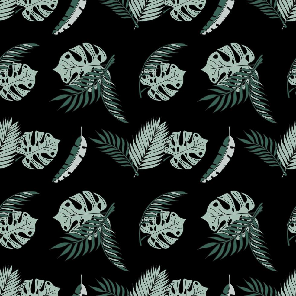 Seamless Pattern With Tropical Leaves On A Black Background. Flat Vector Illustration.