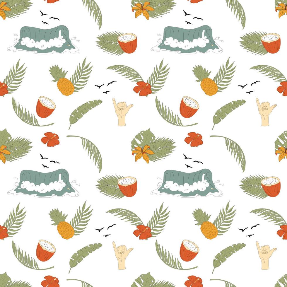 Seamless Pattern With Hand Drawn Elements With A Surf Theme. Wave, Surf, Palm Trees And More. vector