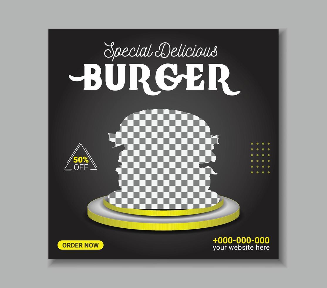 deliciosa hamburguesa y menú de comida banner de publicación en redes sociales o plantilla de banner de comida cuadrada editable vector