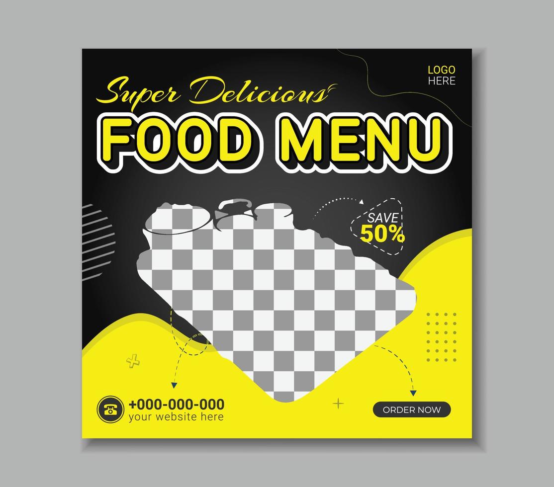 banner de publicación de redes sociales de menú de comida fresca y saludable o plantilla de banner de comida cuadrada editable vector