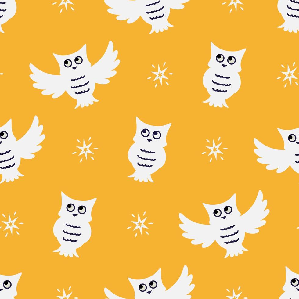 Seamless Pattern with Cartoon Owls and Stars vector