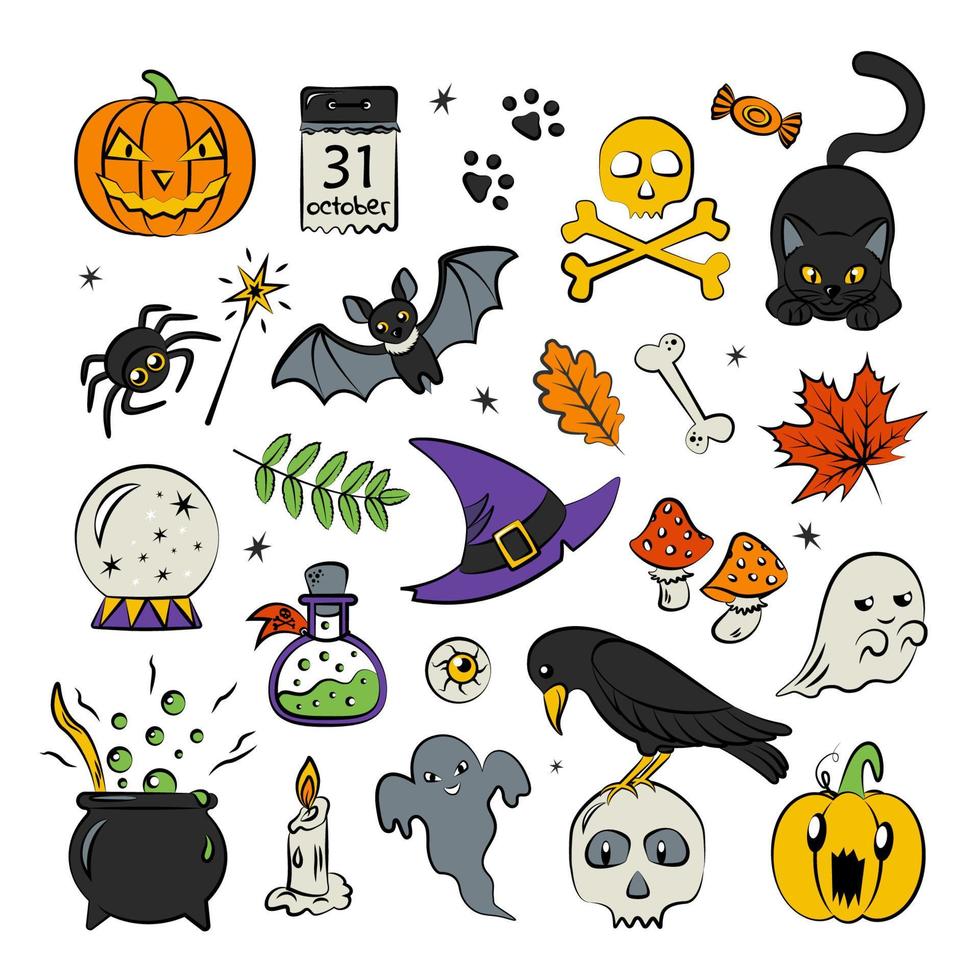 colección de bocetos coloridos de elementos tradicionales de halloween vector