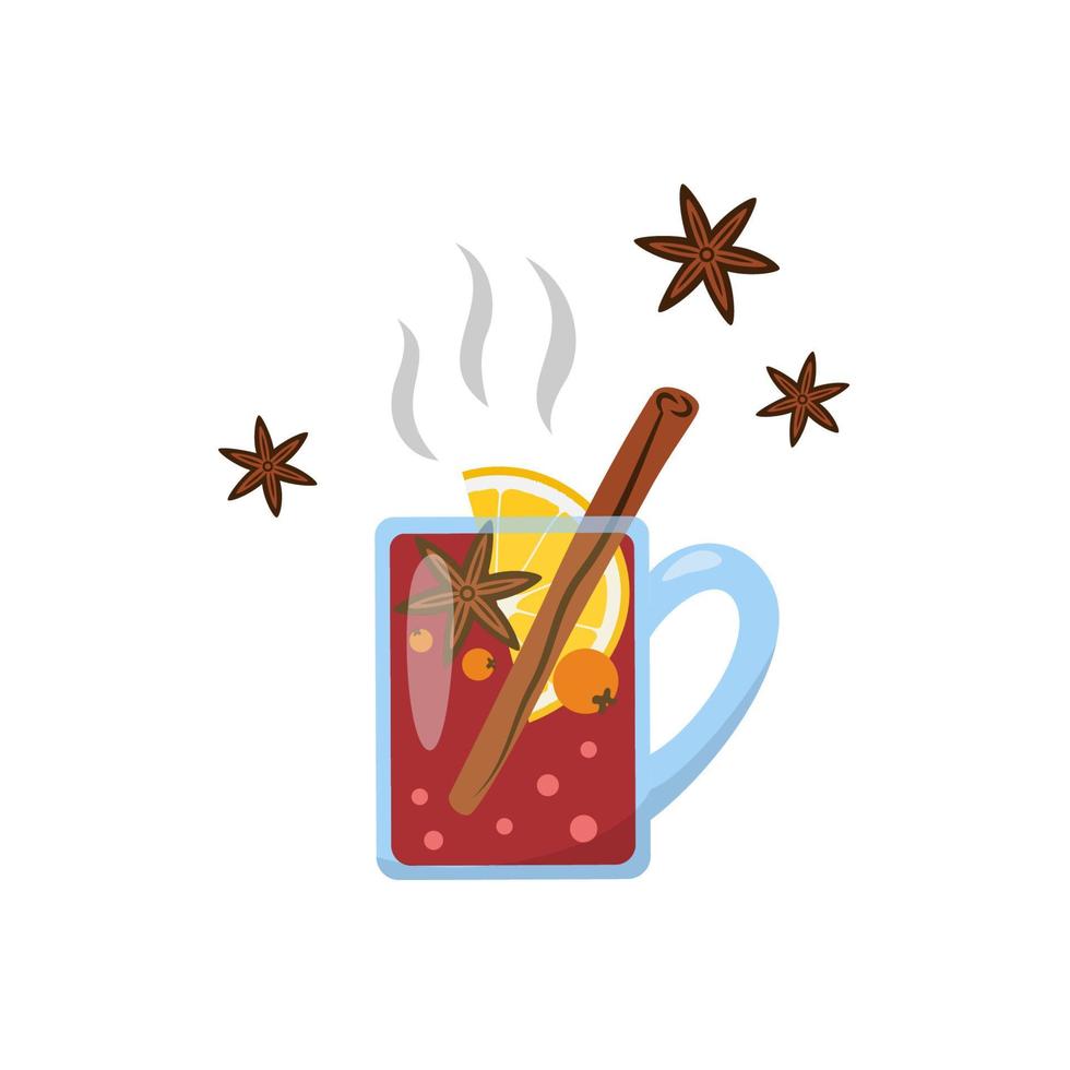 Mulled Wine Drink with Cinnamon Stick, Lemon Slice and Star Anise vector