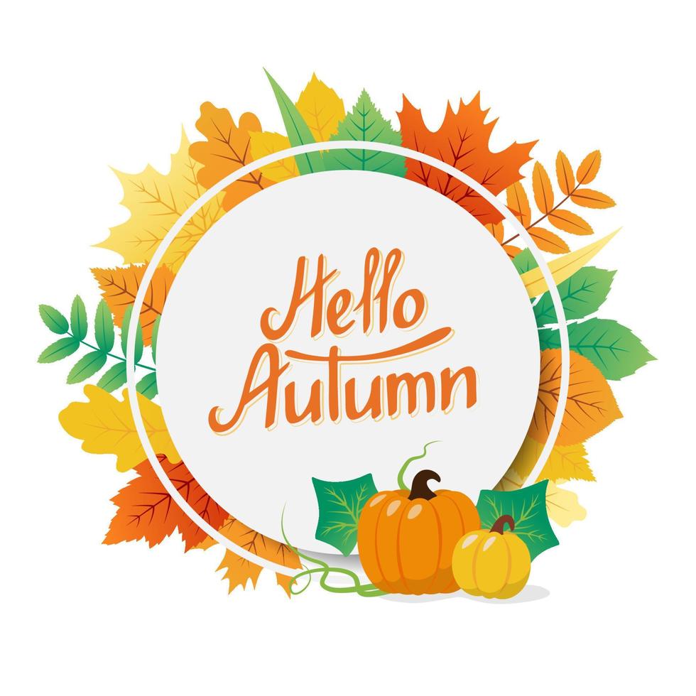 Autumn Background with Hello Autumn Text in the Circle Frame, Colorful Leaves and Pumpkins vector
