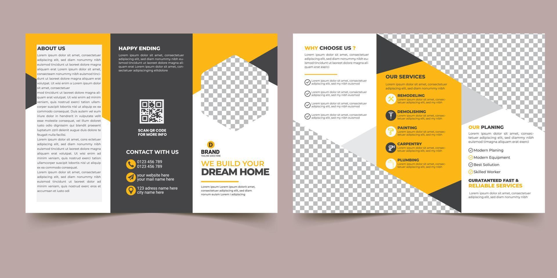 Construction trifold brochure template design, Construction business trifold brochure template, Real estate brochure vector