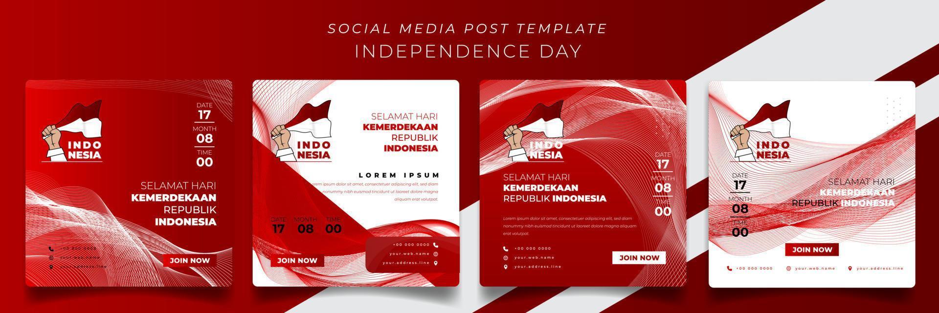 conjunto de plantillas de publicación en medios sociales en fondo cuadrado con líneas rojas y blancas para el diseño de la campaña y el texto indonesio significa que es feliz día de la independencia de indonesia vector