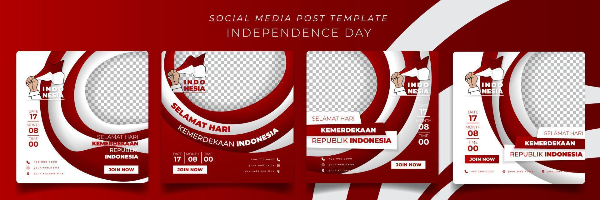 plantilla de publicación en redes sociales en fondo cortado en papel para el diseño de la campaña del día de la independencia de indonesia y el texto indonesio significa feliz día de la independencia de indonesia vector