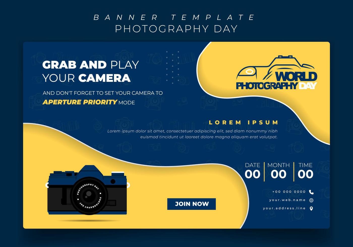 plantilla de banner en fondo azul y amarillo para el diseño de la campaña del día de la fotografía vector