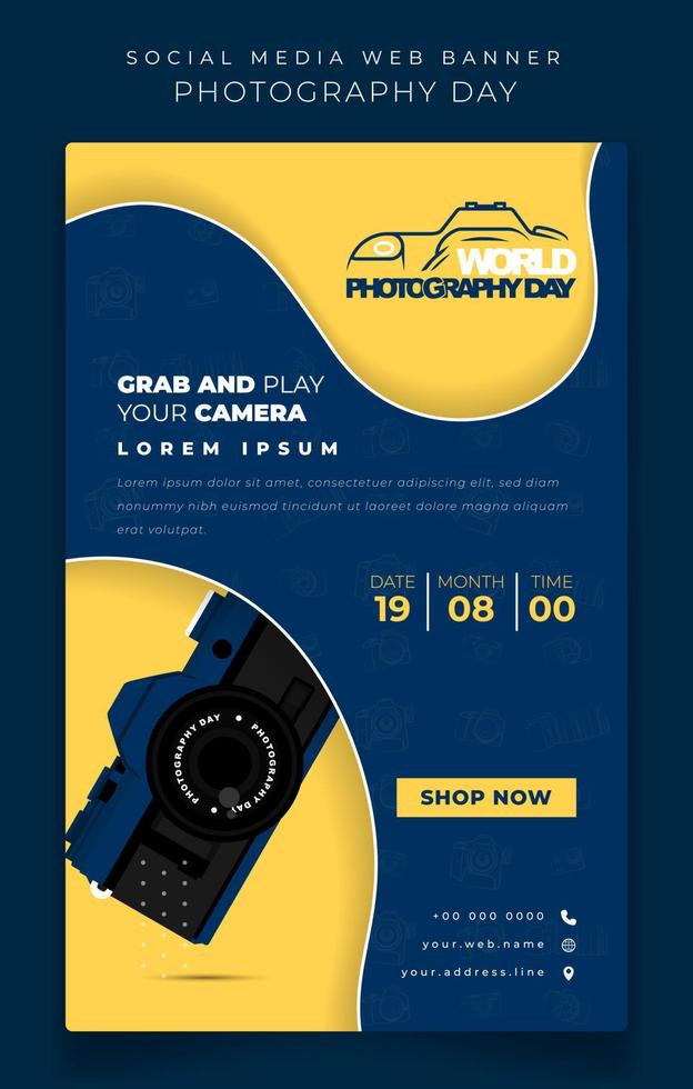 Banner template with camera design in blue yellow background for photography day design vector