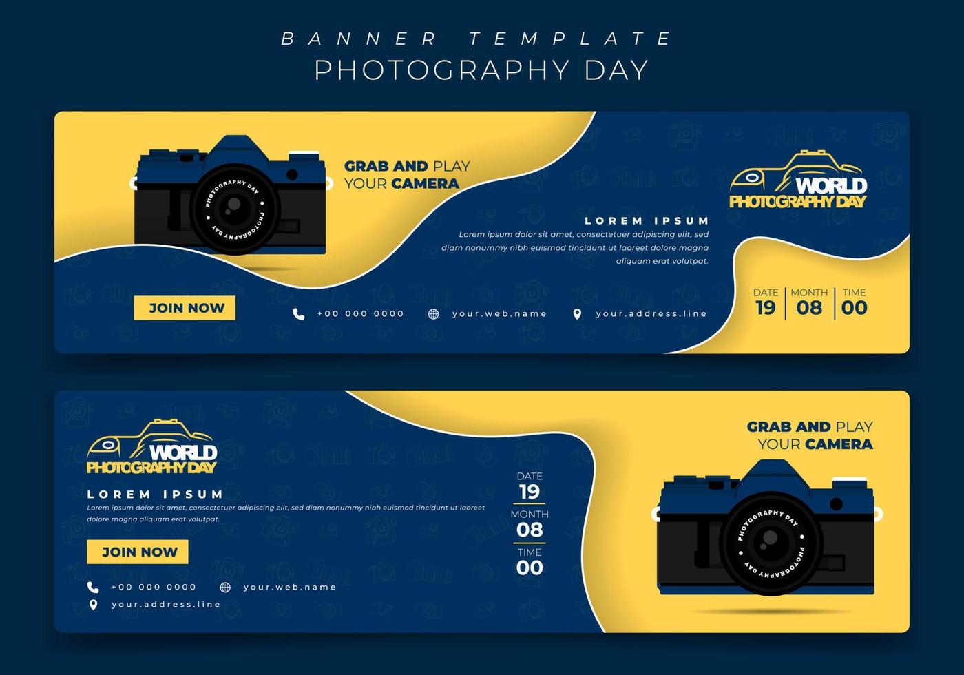 banner template in landscape with blue yellow background and camera design for photography day vector