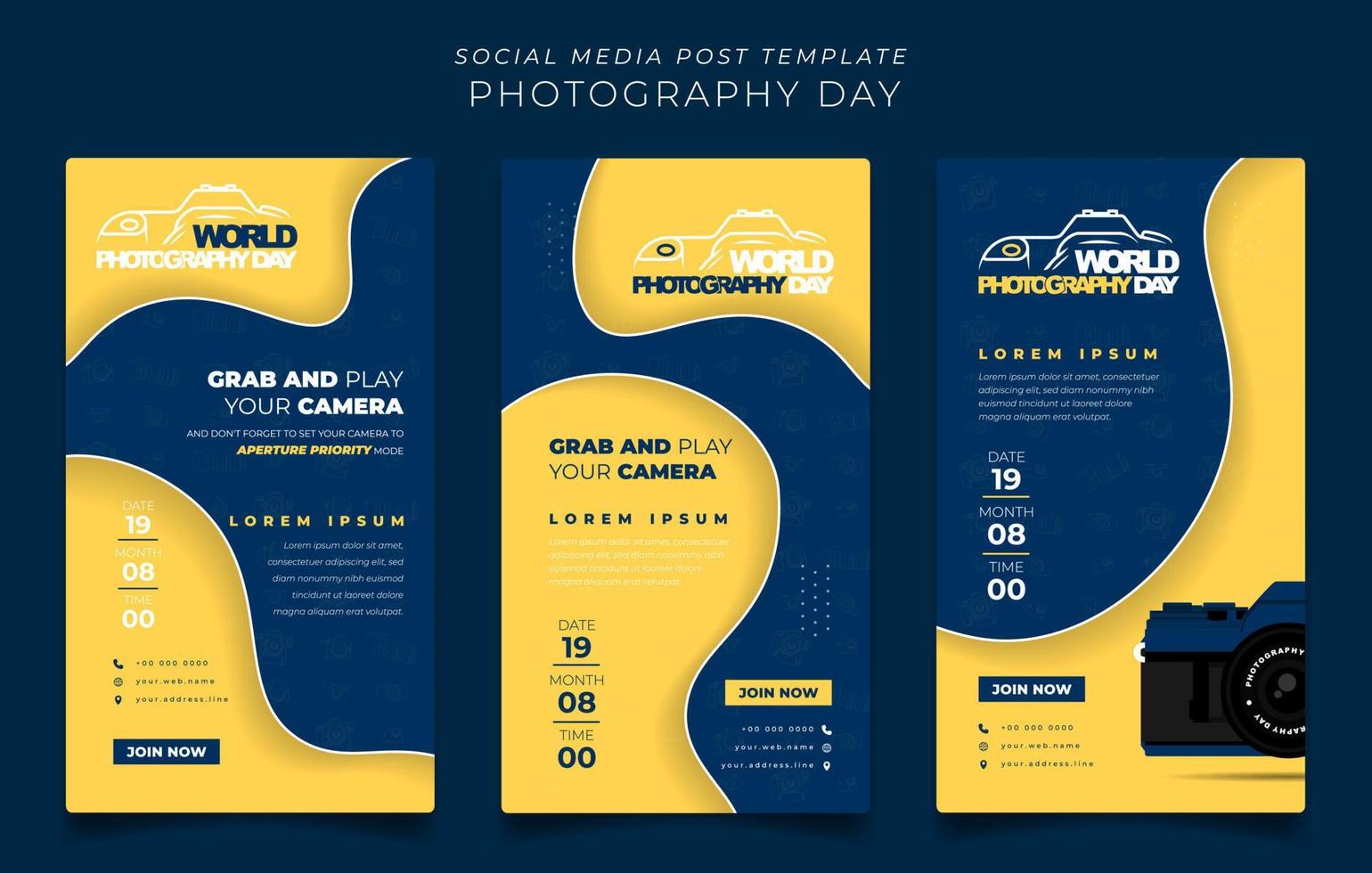 Social media post template in simple blue and yellow paper cut background for photography day design vector