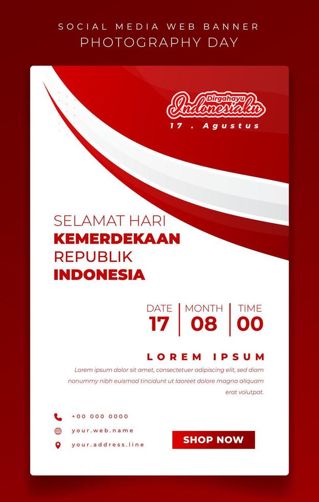 Banner template design with waving red in white background and indonesian text mean is Happy Indonesia independence day vector