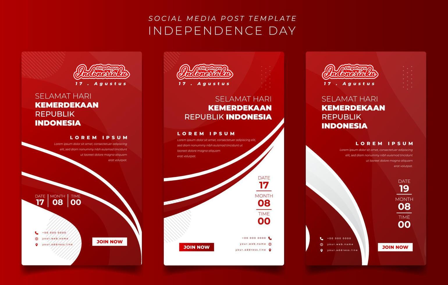 Set of social media template with waving red white background design and indonesian text mean is Happy Indonesia independence day vector