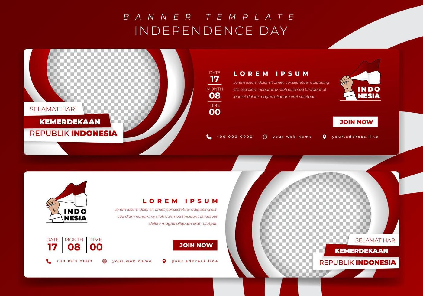 plantilla de banner de paisaje en diseño de fondo de corte de papel blanco rojo y texto indonesio significa feliz día de la independencia de indonesia vector