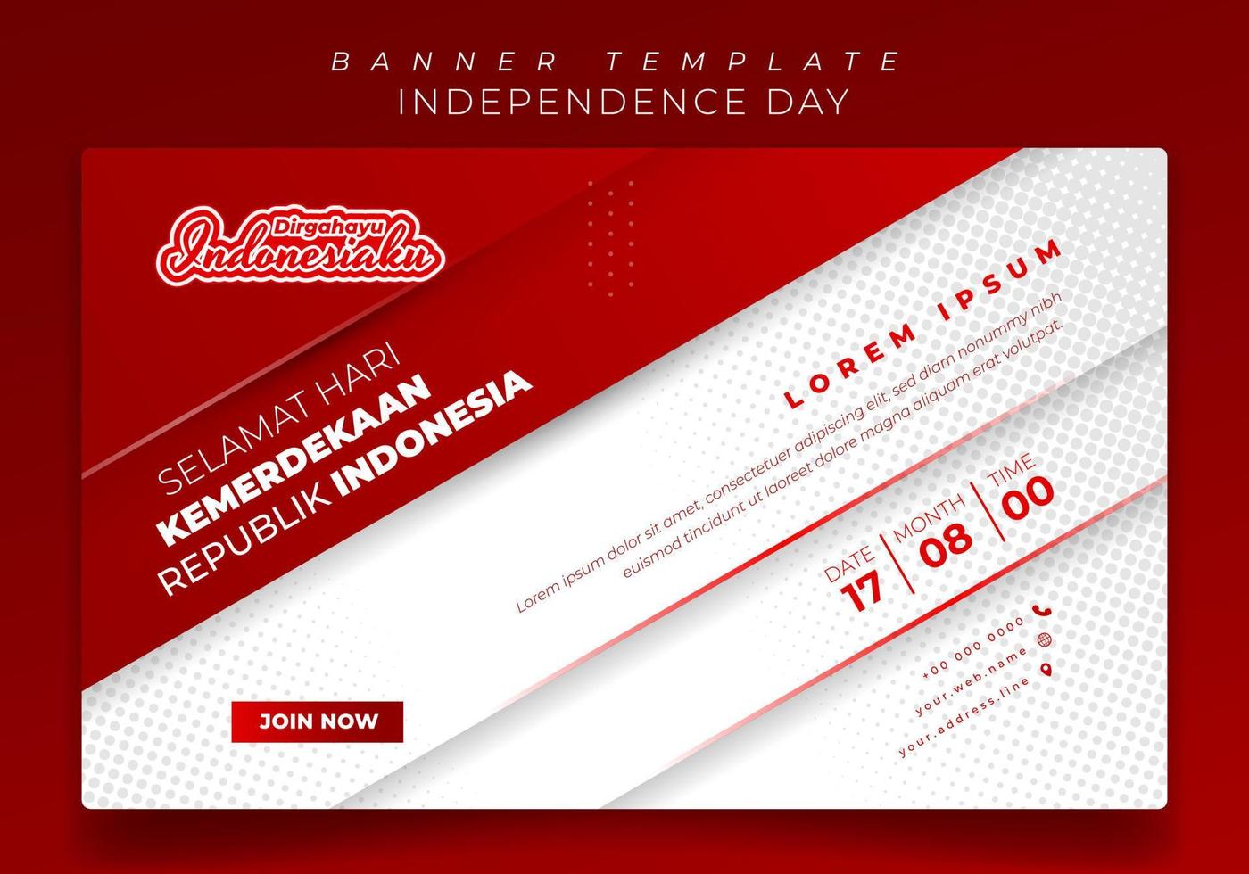 plantilla de banner en fondo rojo blanco en diseño geométrico y texto indonesio significa feliz día de la independencia de indonesia vector