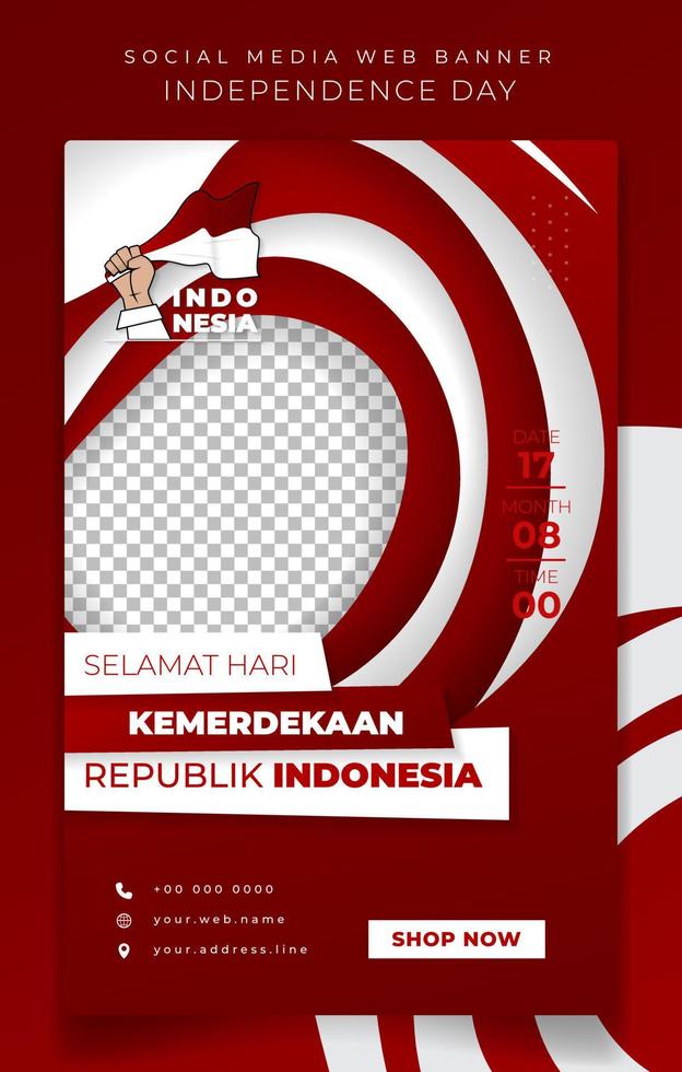 plantilla de banner en retrato con fondo cortado en papel rojo y blanco para el diseño de la campaña de indonesia y el texto indonesio significa feliz día de la independencia de indonesia vector