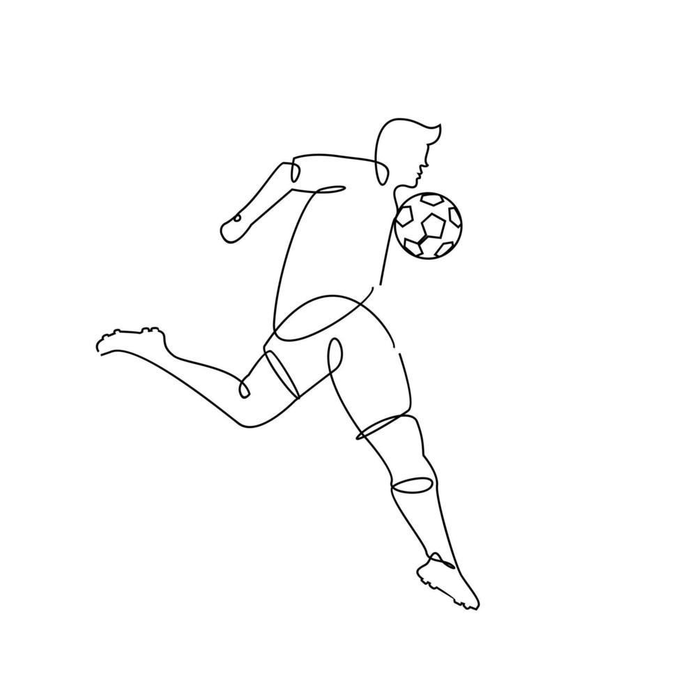 ilustración de línea continua jugador de fútbol patea la pelota vector