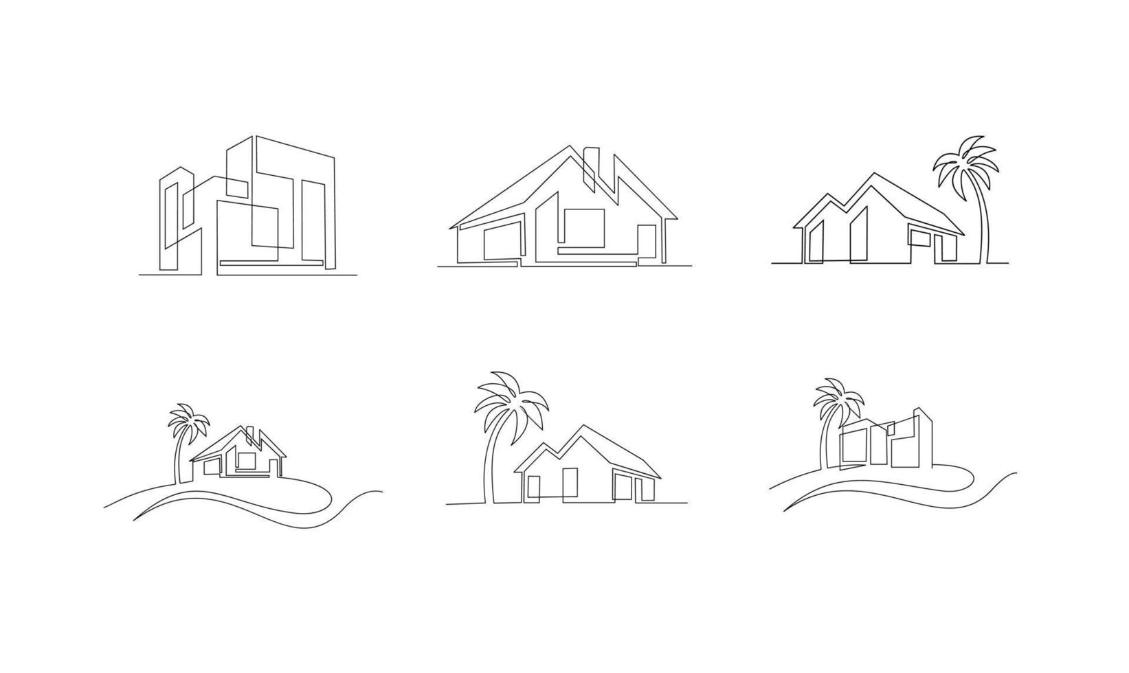 set Continuous one line drawing Modern house logo vector