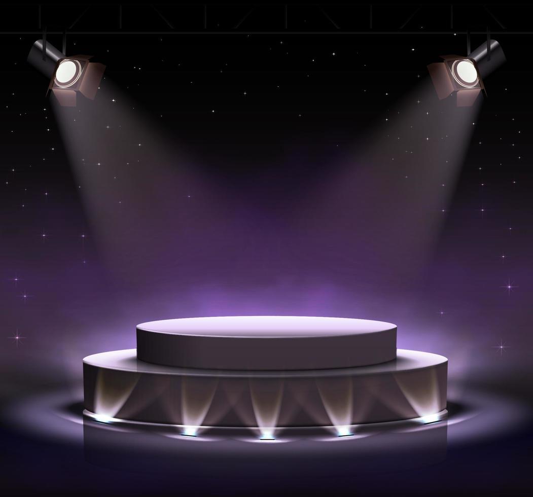 Escenario negro luminoso de neón vectorial realista 3d con focos alrededor y efecto de nubes en fondo violeta oscuro. vector