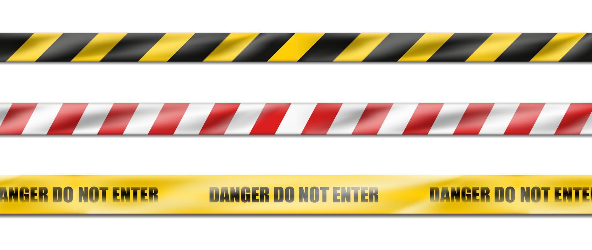 collection of three 3d realistic vector hazard white and red striped ribbon, caution tape of warning signs for crime scene or construction area in yellow.  Isolated on white background.