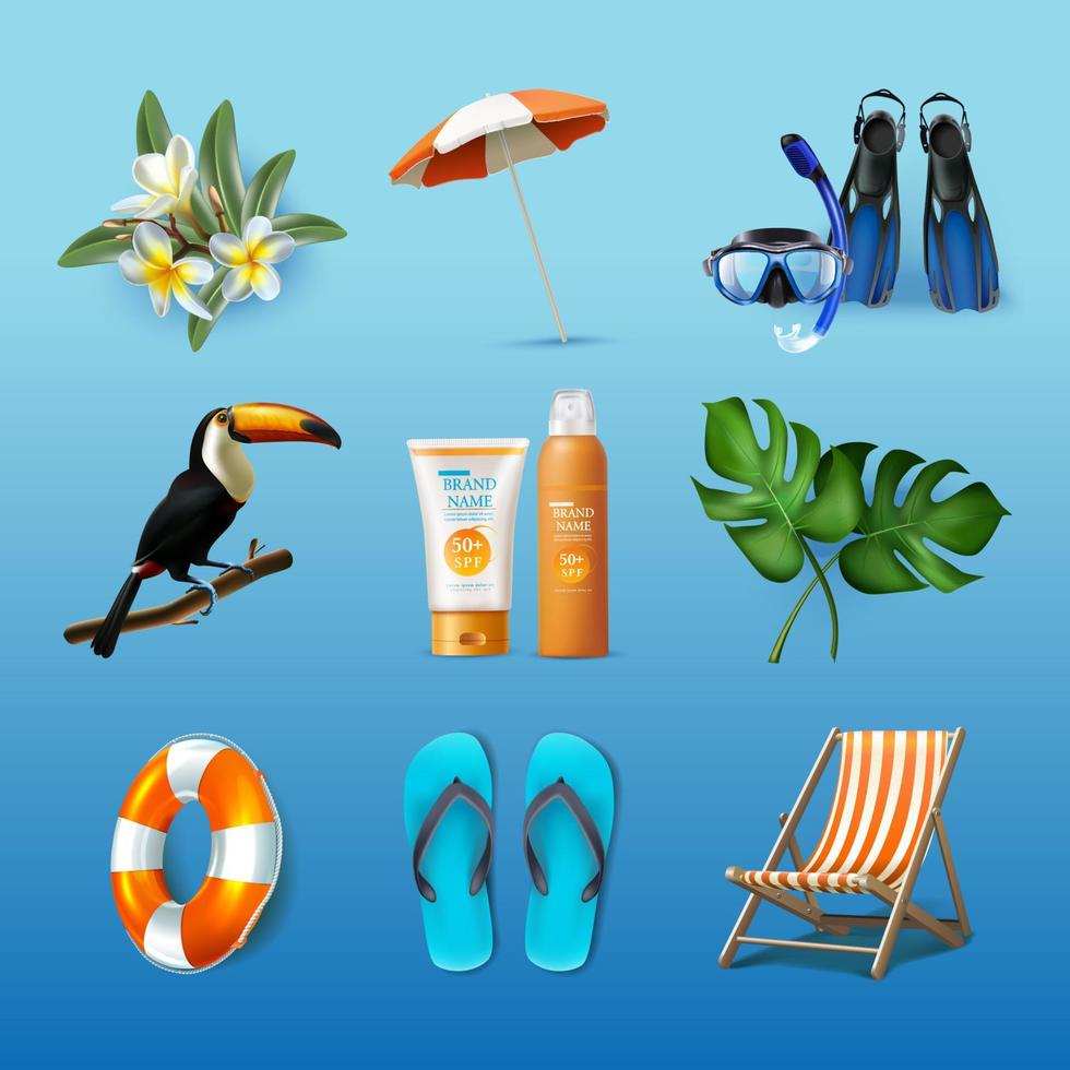 Iconos de verano vectoriales realistas en 3d. vector