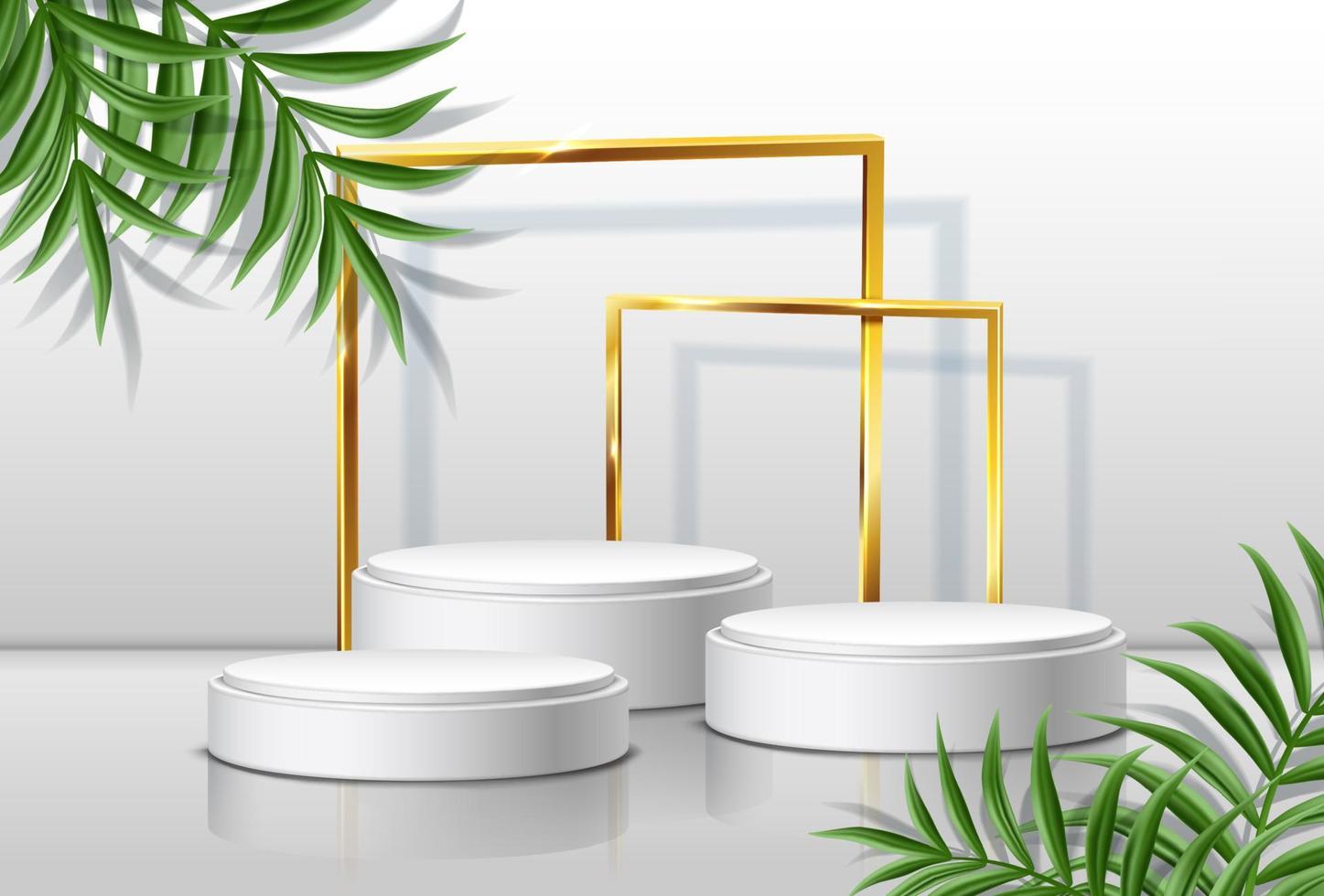 Fondo vectorial 3d realista con escenarios redondos y marcos dorados con hojas tropicales a los lados. vector