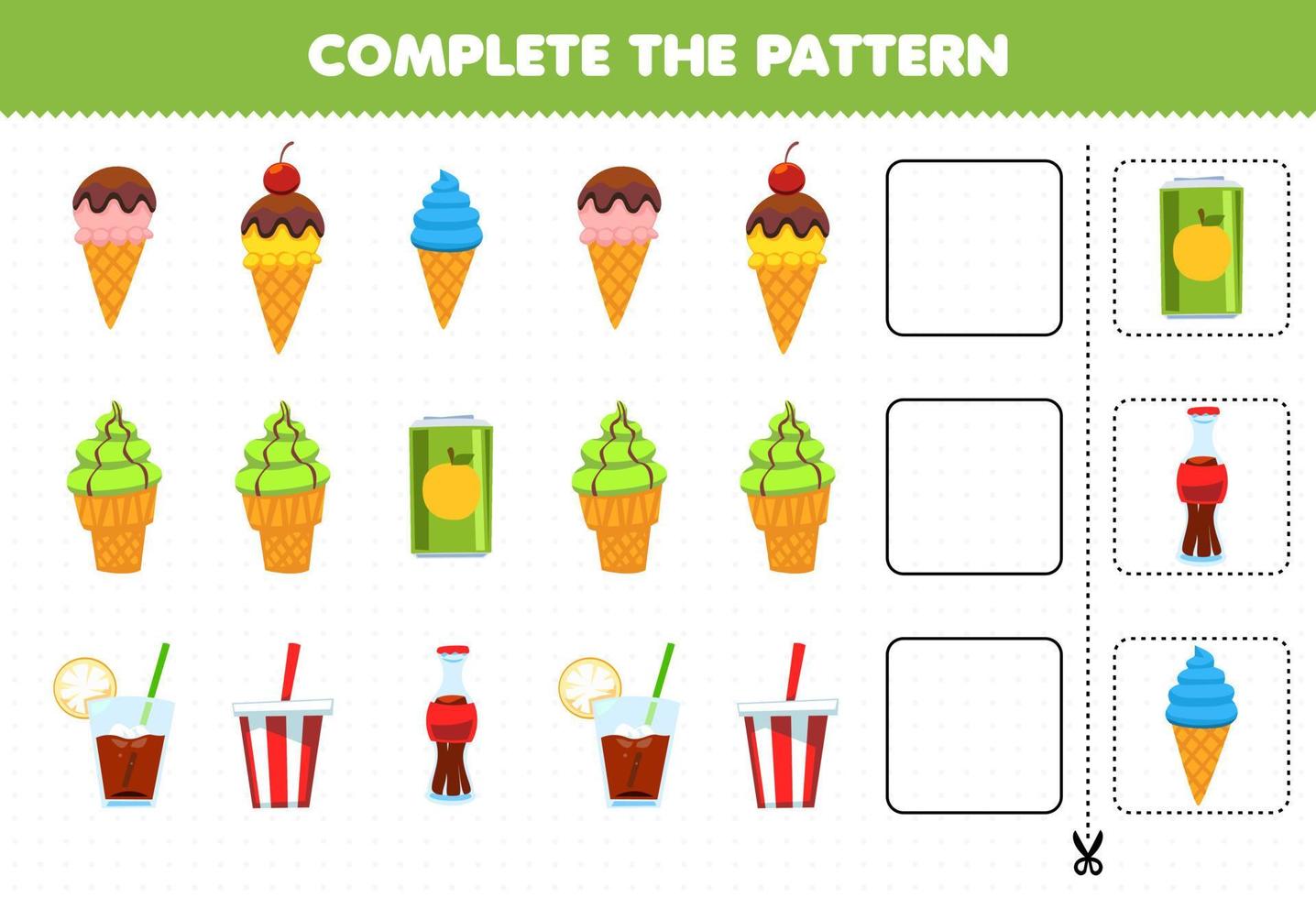 juego educativo para niños complete el patrón de pensamiento lógico encuentre la regularidad y continúe la tarea de la fila con helado y refresco vector