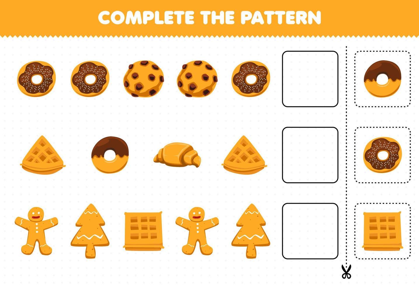 juego educativo para niños completar el patrón de pensamiento lógico encontrar la regularidad y continuar la tarea de la fila con comida y merienda donut waffle galleta croissant pan de jengibre vector