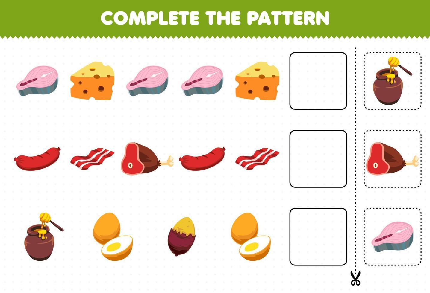 juego educativo para niños completar el patrón pensamiento lógico encontrar la regularidad y continuar la tarea de la fila con comida salmón queso salchicha tocino carne miel huevo vector