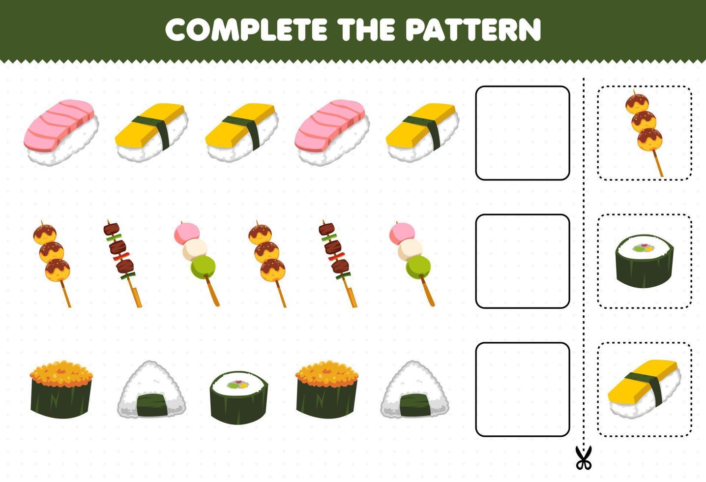 juego educativo para niños completar el patrón pensamiento lógico encontrar la regularidad y continuar la tarea de la fila con comida japonesa sushi takoyaki yakitori dango onigiri vector