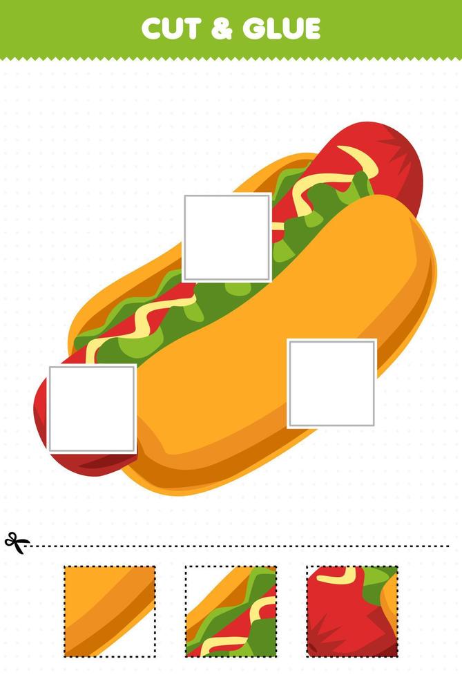 juego educativo para niños corta y pega corta partes de comida de dibujos animados lindo perrito caliente y pégalas hoja de trabajo imprimible vector