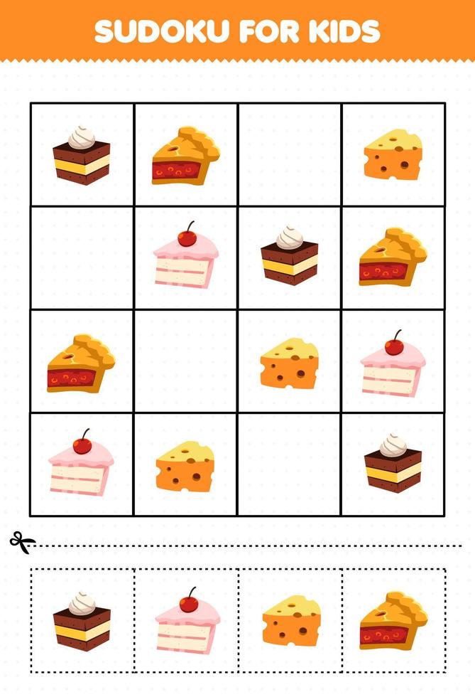 juego educativo para niños sudoku para niños con comida de dibujos animados pastel de bocadillos imágenes de pastel de queso vector