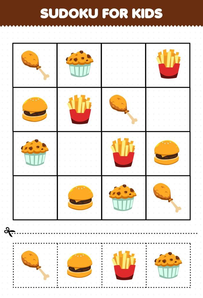 juego educativo para niños sudoku para niños con comida de dibujos animados merienda muffin de pollo frito papas fritas hamburguesa fotos vector