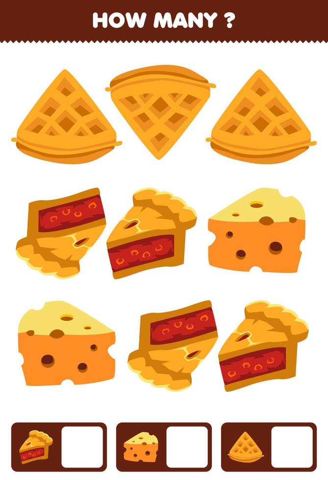 Education game for children searching and counting activity for preschool how many cartoon food snack waffle pie cheese vector