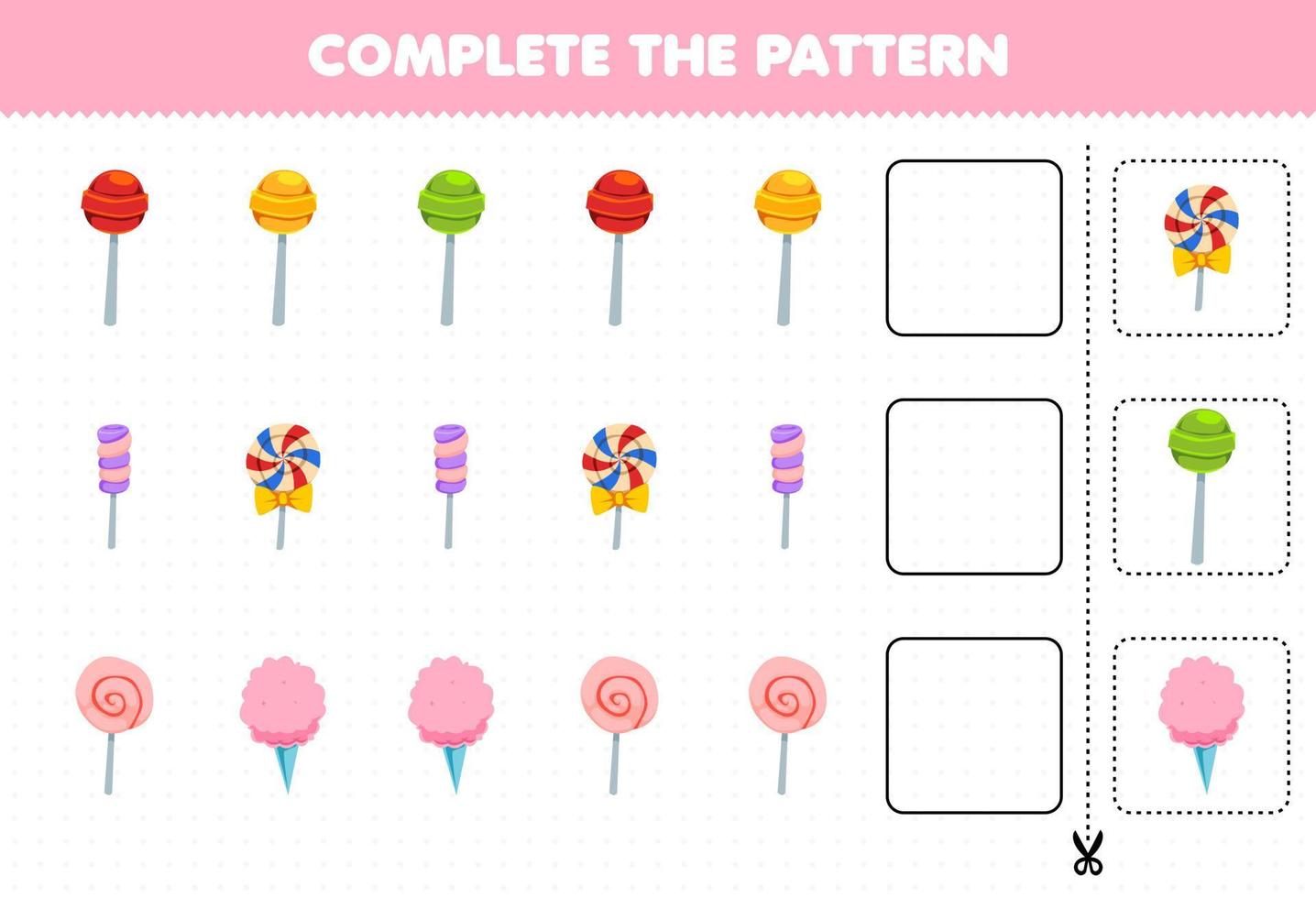 Education game for children complete the pattern logical thinking find the regularity and continue the row task with candy vector
