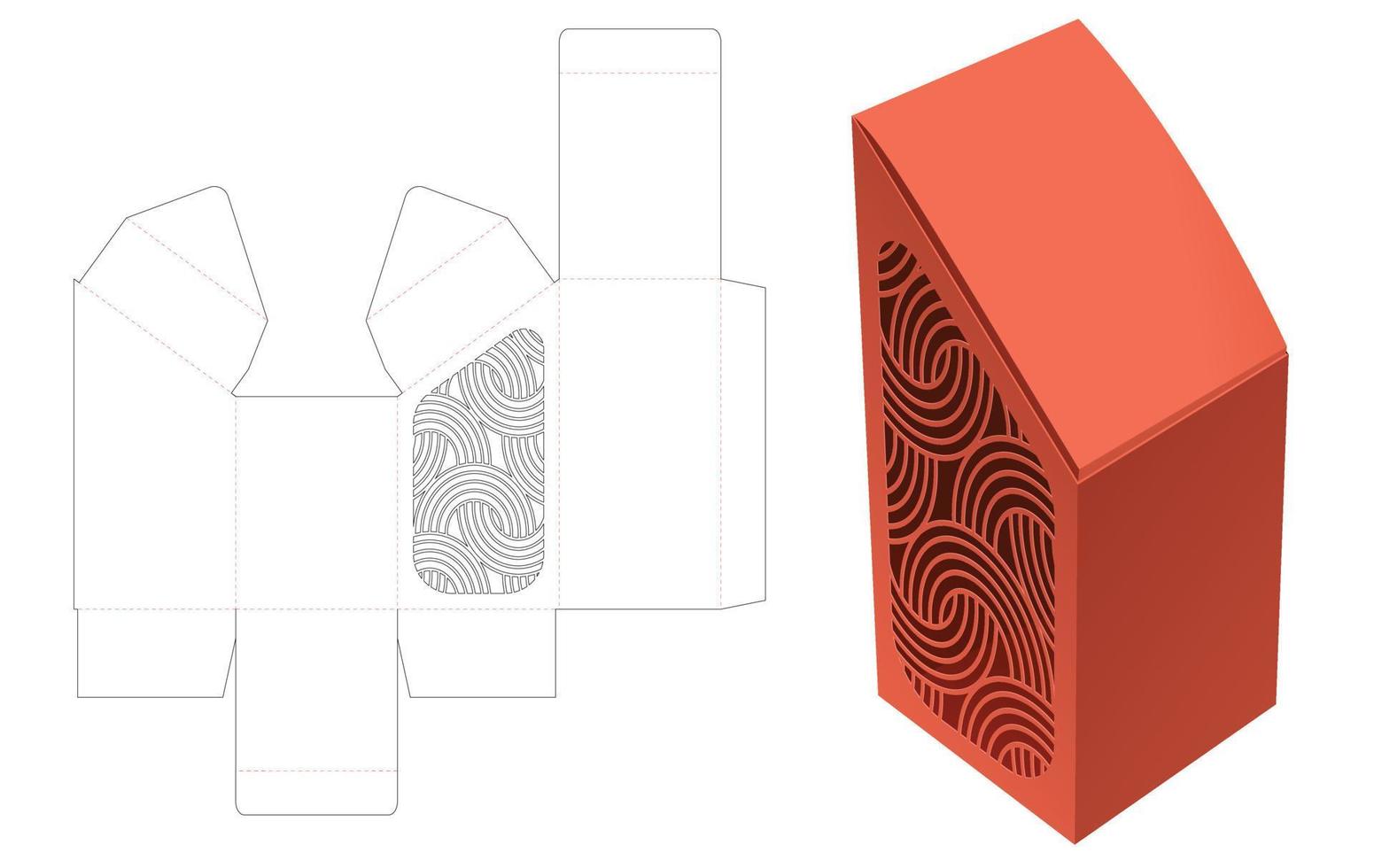 caja alta inclinada con plantilla troquelada de ventana de patrón curvo y maqueta 3d vector