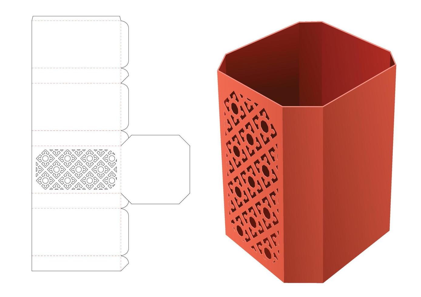 Chamfered corner box with stenciled pattern die cut template and 3D mockup vector