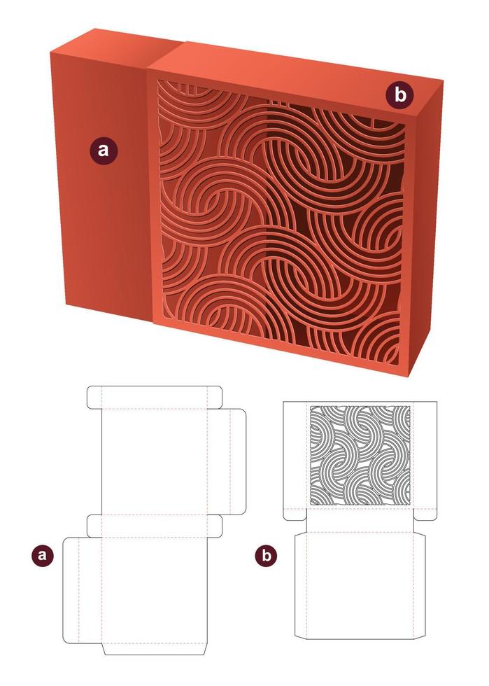 Sliding box with stenciled curved pattern die cut template and 3D mockup vector