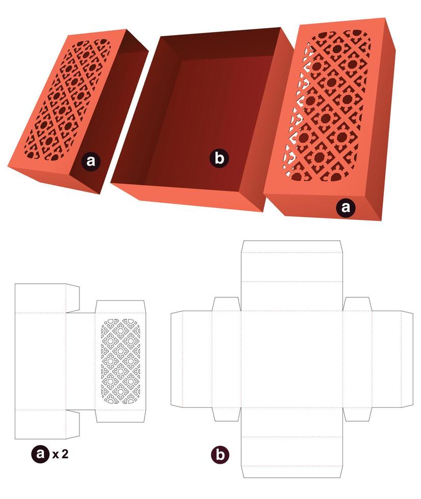 Sliding box and 2 covers with stenciled pattern window die cut template and 3D mockup vector