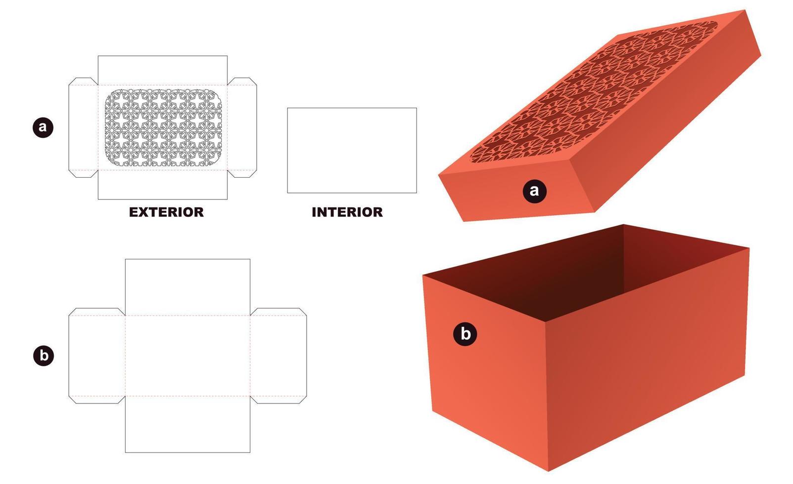 box and lid with stenciled Arabic pattern window die cut template and 3D mockup vector