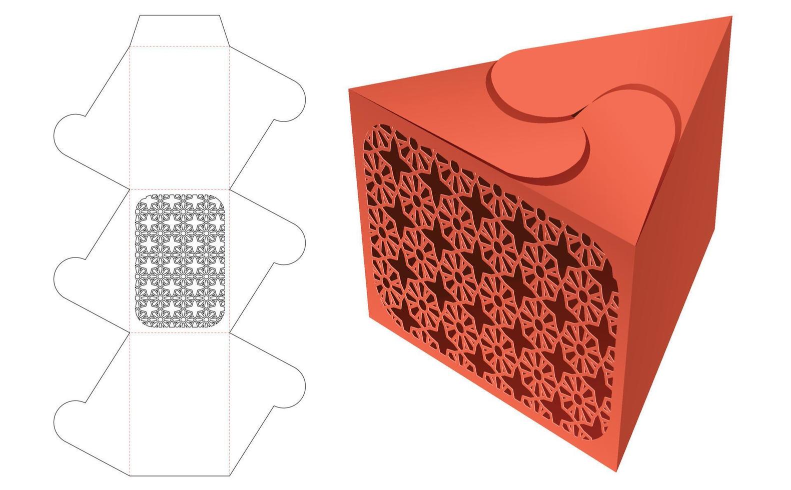 Swirl triangle box with stenciled pattern window die cut template and 3D mockup vector