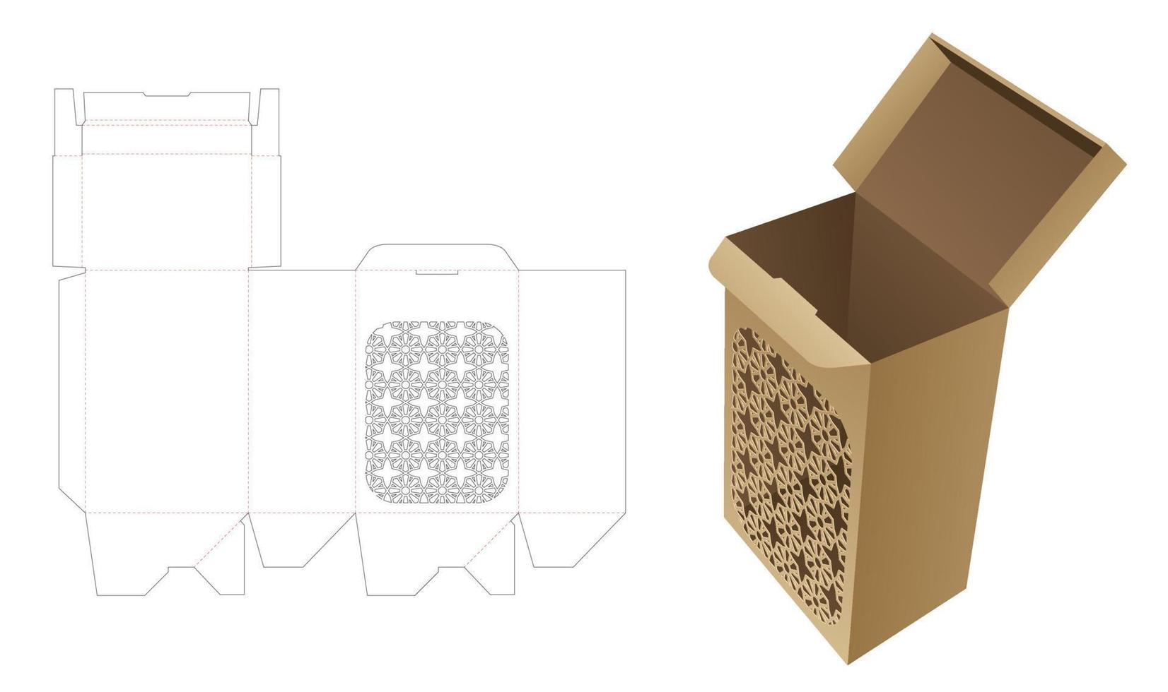 Auto locked box with stenciled Arabic pattern die cut template and 3D mockup vector